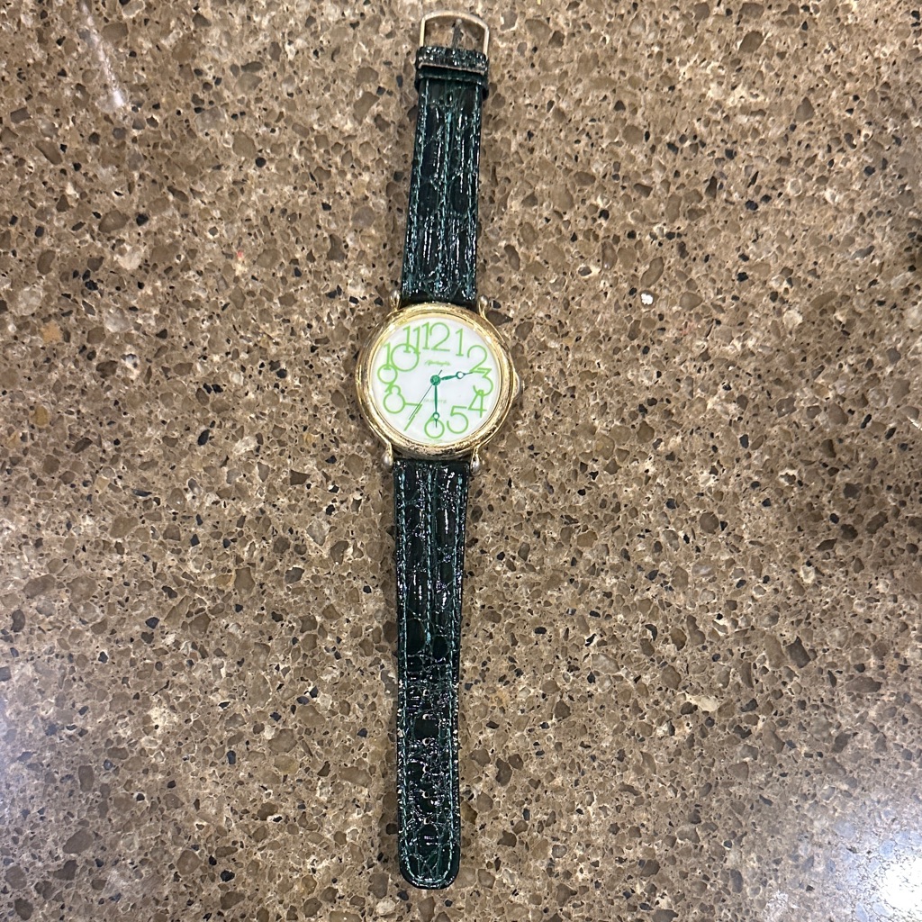 Vintage Green And Gold Watch With Leather Strap